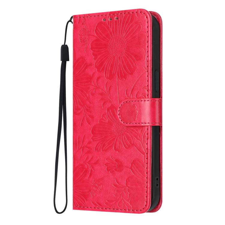 For iPhone 15 Pro Max Sunflower Embossed Vegan Leather Phone Case with Small Black Rope