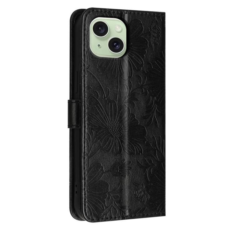 For iPhone 15 Sunflower Embossed Vegan Leather Phone Case with Small Black Rope