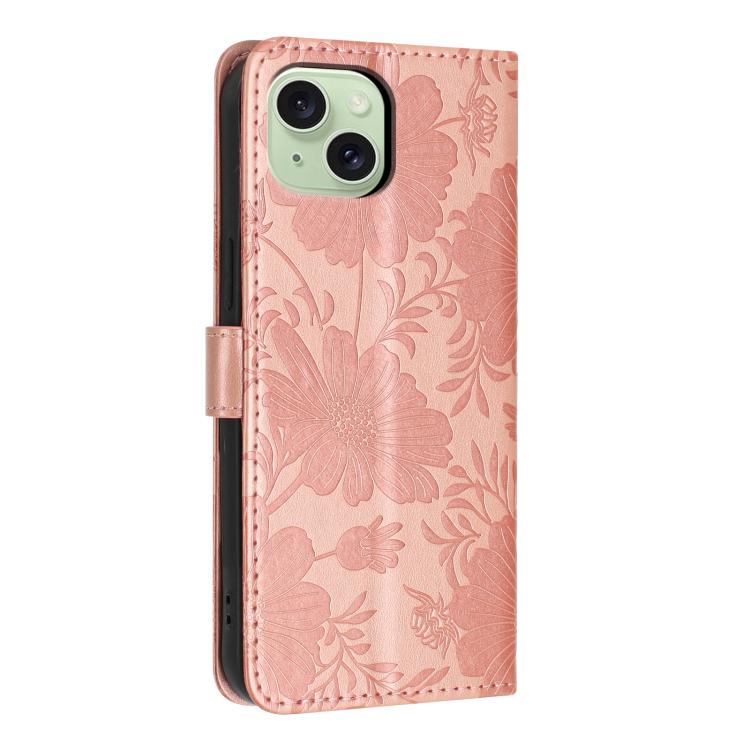 For iPhone 14 Plus Sunflower Embossed Vegan Leather Phone Case with Small Black Rope