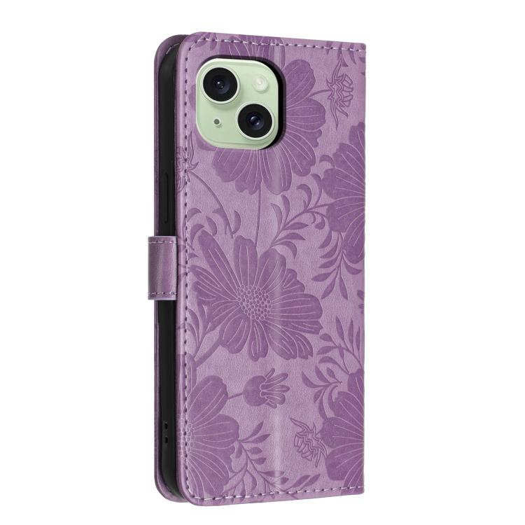 For iPhone 14 Plus Sunflower Embossed Vegan Leather Phone Case with Small Black Rope
