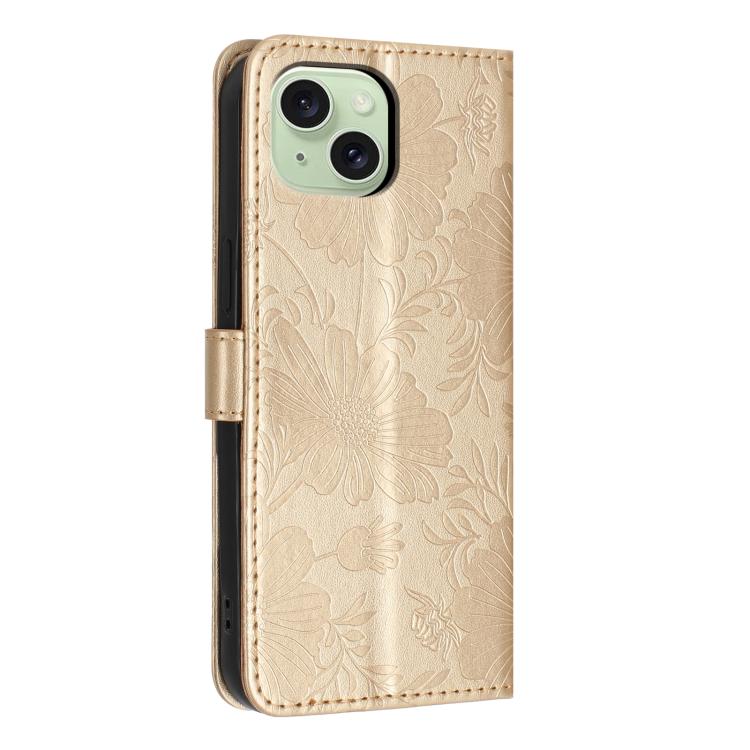 For iPhone 14 Sunflower Embossed Vegan Leather Phone Case with Small Black Rope