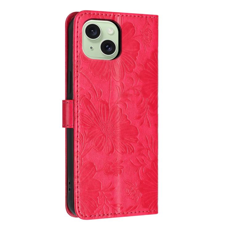 For iPhone 14 Sunflower Embossed Vegan Leather Phone Case with Small Black Rope