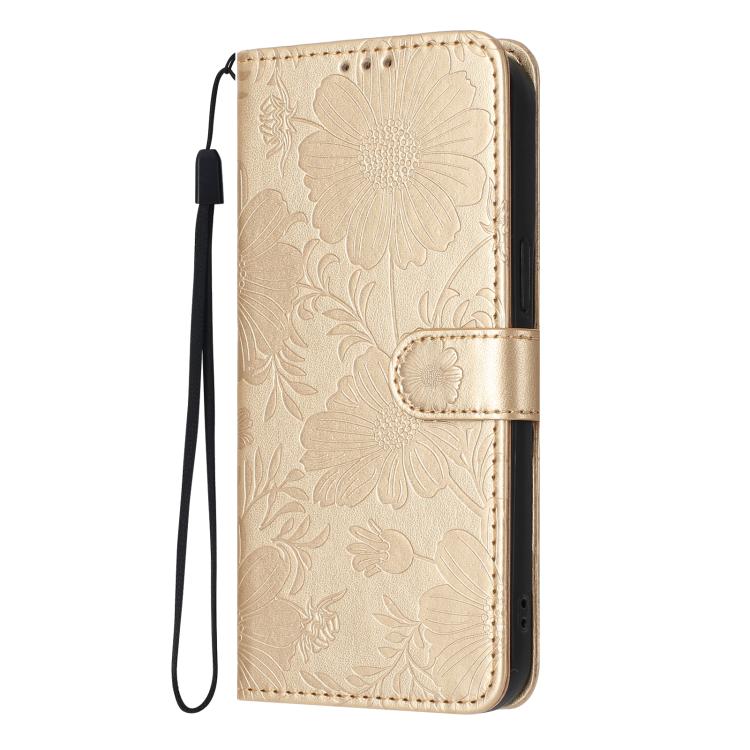 For iPhone 14 Pro Sunflower Embossed Vegan Leather Phone Case with Small Black Rope