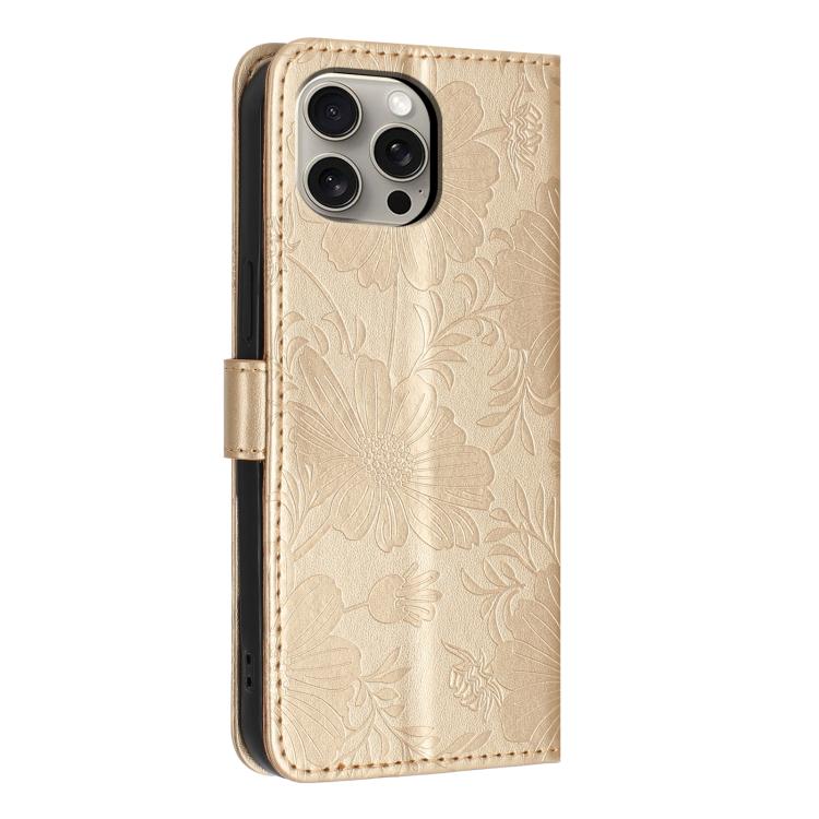 For iPhone 14 Pro Sunflower Embossed Vegan Leather Phone Case with Small Black Rope