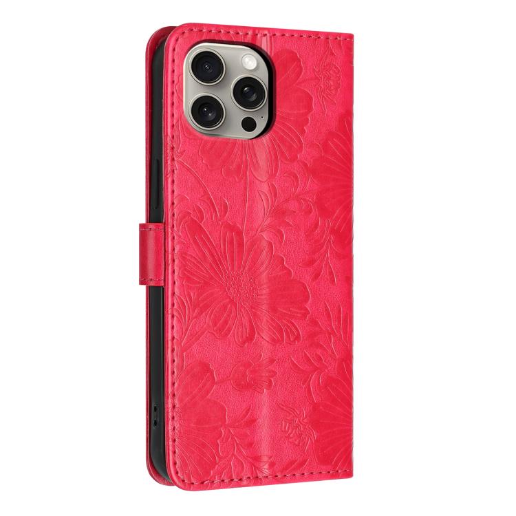 For iPhone 14 Pro Sunflower Embossed Vegan Leather Phone Case with Small Black Rope