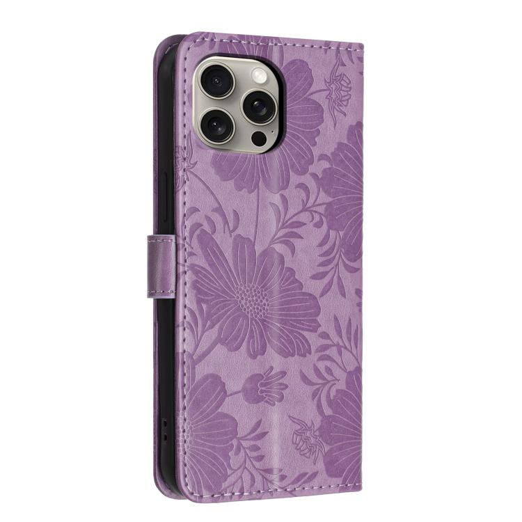 For iPhone 14 Pro Max Sunflower Embossed Vegan Leather Phone Case with Small Black Rope