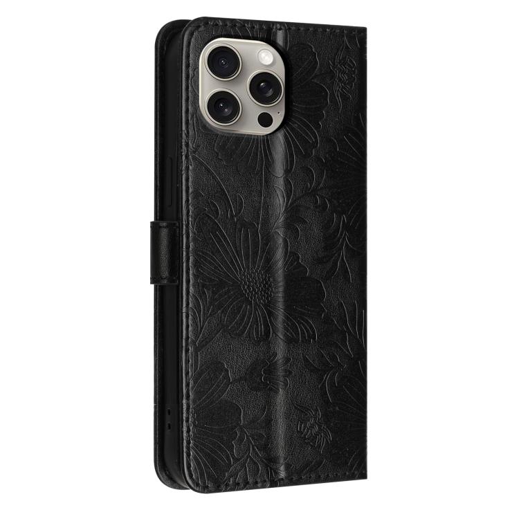 For iPhone 14 Pro Max Sunflower Embossed Vegan Leather Phone Case with Small Black Rope