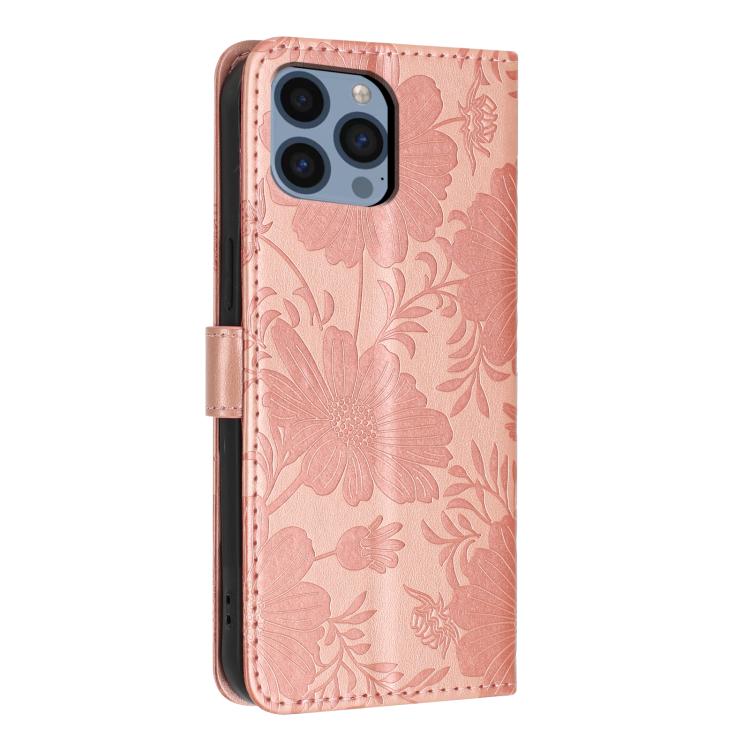 For iPhone 13 Pro Max Sunflower Embossed Vegan Leather Phone Case with Small Black Rope