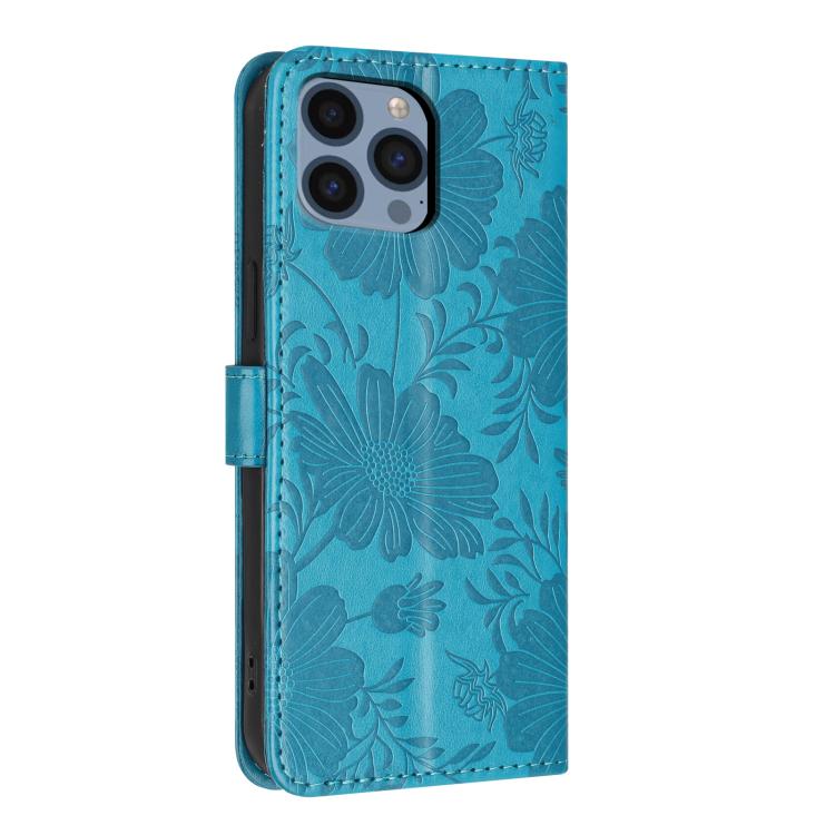 For iPhone 13 Pro Max Sunflower Embossed Vegan Leather Phone Case with Small Black Rope