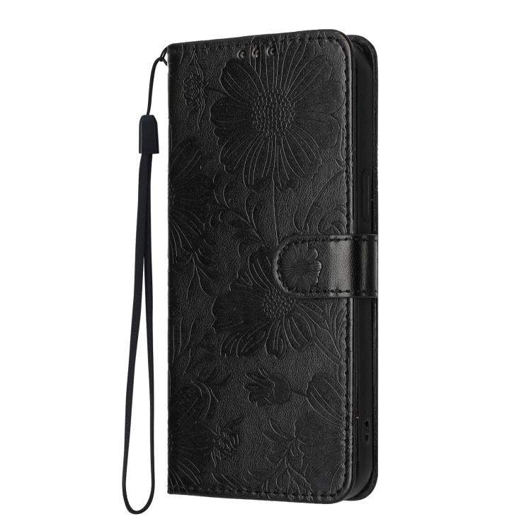 For iPhone 13 Pro Max Sunflower Embossed Vegan Leather Phone Case with Small Black Rope