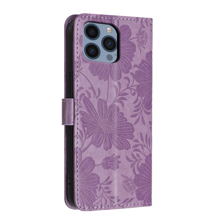 For iPhone 13 Pro Sunflower Embossed Vegan Leather Phone Case with Small Black Rope