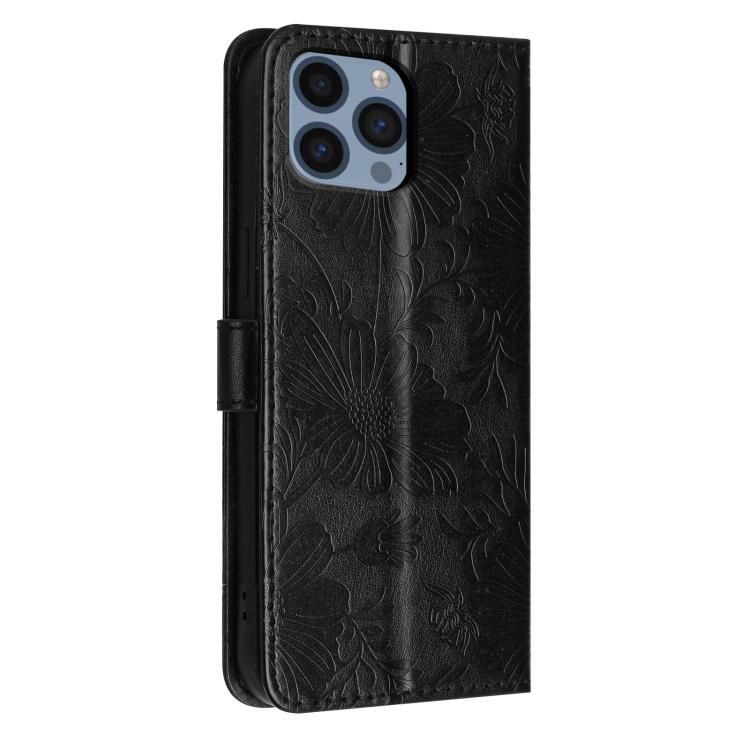 For iPhone 13 Pro Sunflower Embossed Vegan Leather Phone Case with Small Black Rope
