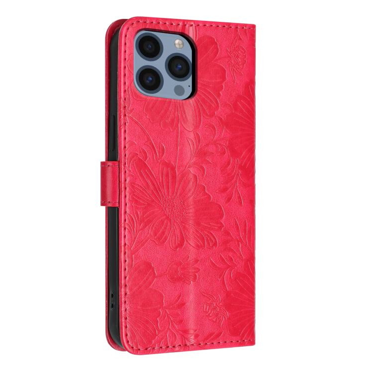 For iPhone 13 Pro Sunflower Embossed Vegan Leather Phone Case with Small Black Rope