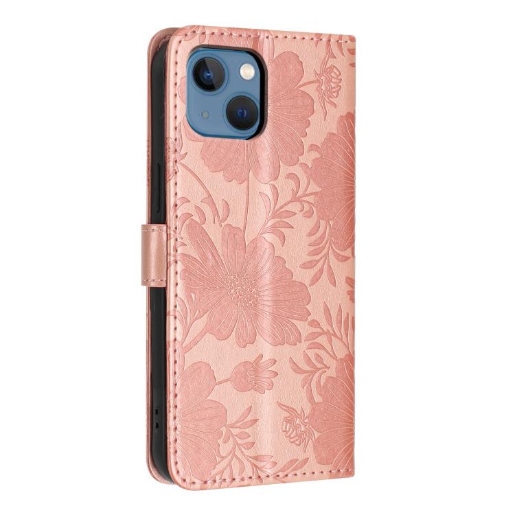 For iPhone 13 Sunflower Embossed Vegan Leather Phone Case with Small Black Rope