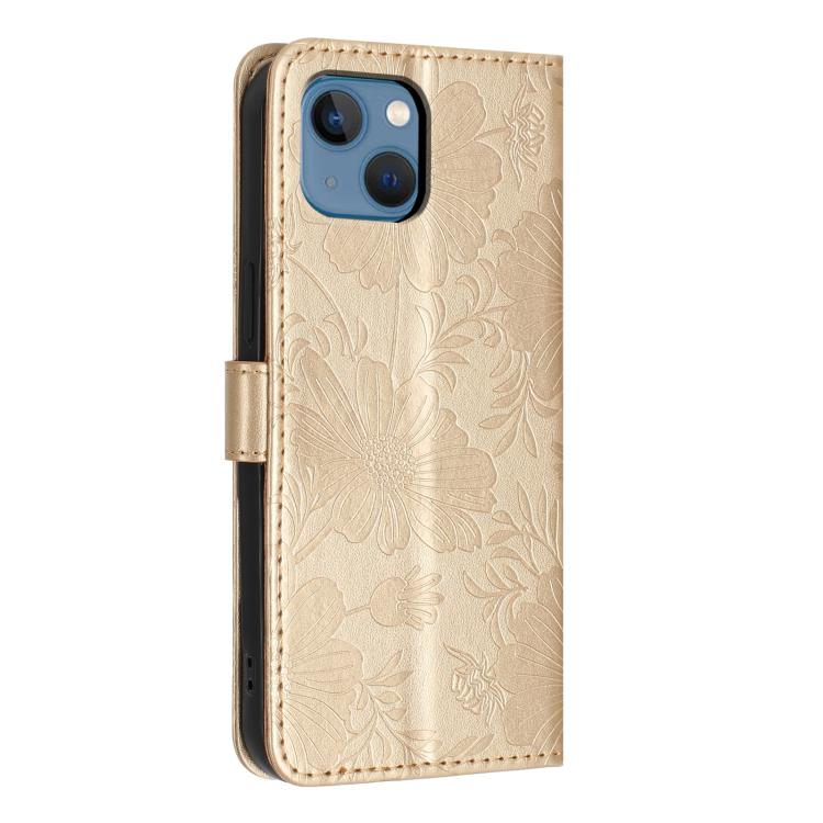 For iPhone 13 Sunflower Embossed Vegan Leather Phone Case with Small Black Rope
