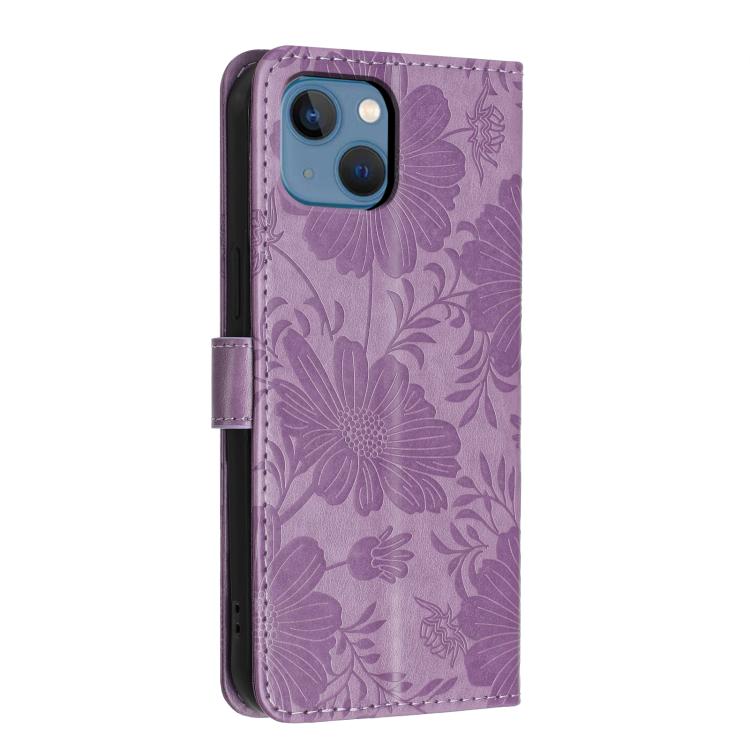 For iPhone 13 Sunflower Embossed Vegan Leather Phone Case with Small Black Rope