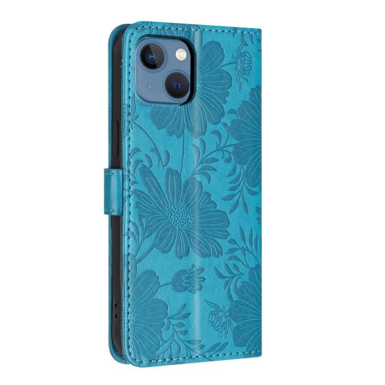 For iPhone 13 Sunflower Embossed Vegan Leather Phone Case with Small Black Rope