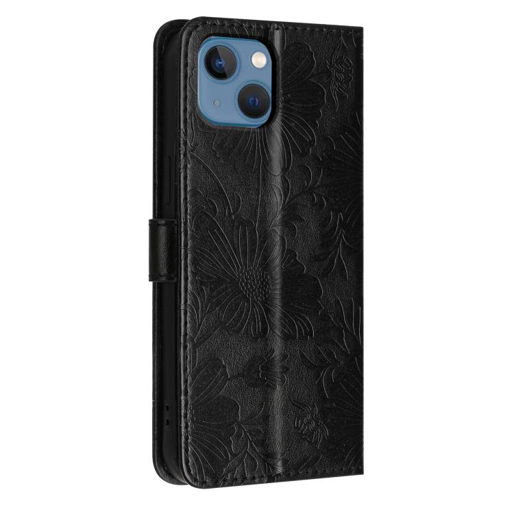 For iPhone 13 Sunflower Embossed Vegan Leather Phone Case with Small Black Rope