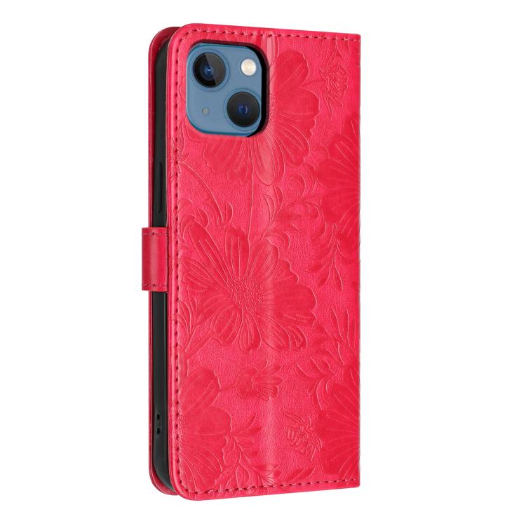 For iPhone 13 Sunflower Embossed Vegan Leather Phone Case with Small Black Rope