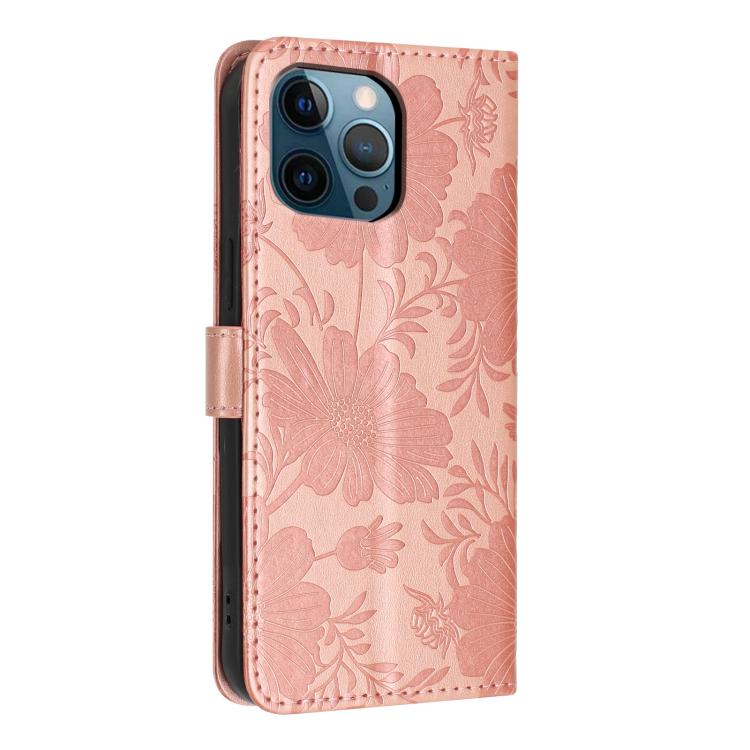 For iPhone 12 Pro Max Sunflower Embossed Vegan Leather Phone Case with Small Black Rope