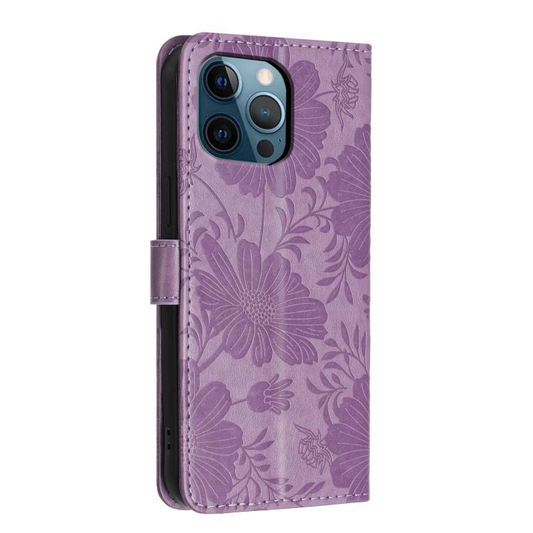 For iPhone 12 Pro Max Sunflower Embossed Vegan Leather Phone Case with Small Black Rope