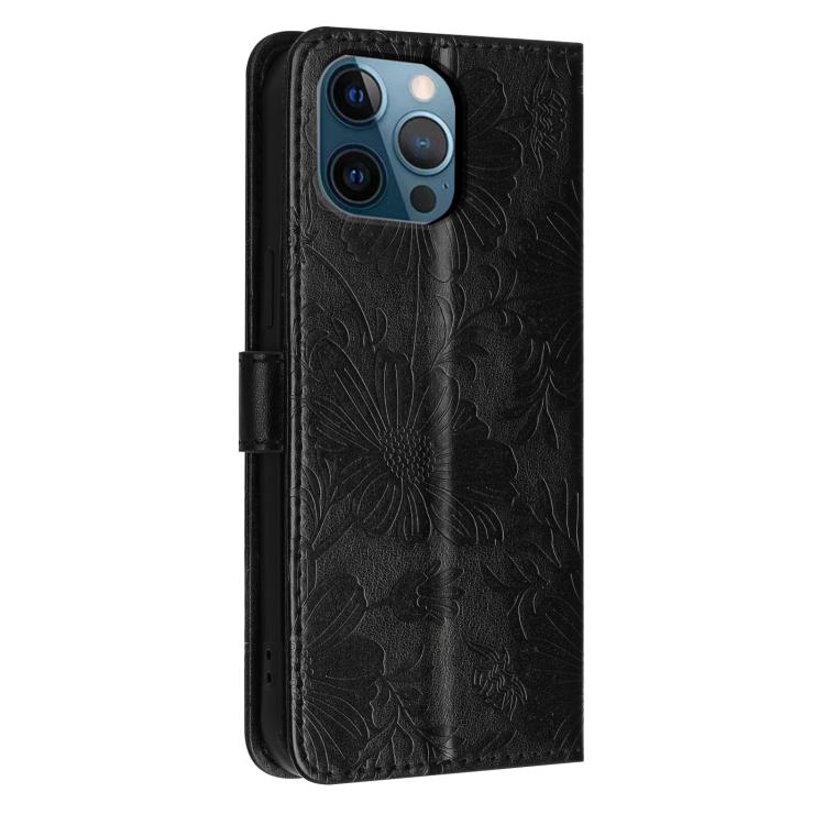For iPhone 12 Pro Max Sunflower Embossed Vegan Leather Phone Case with Small Black Rope