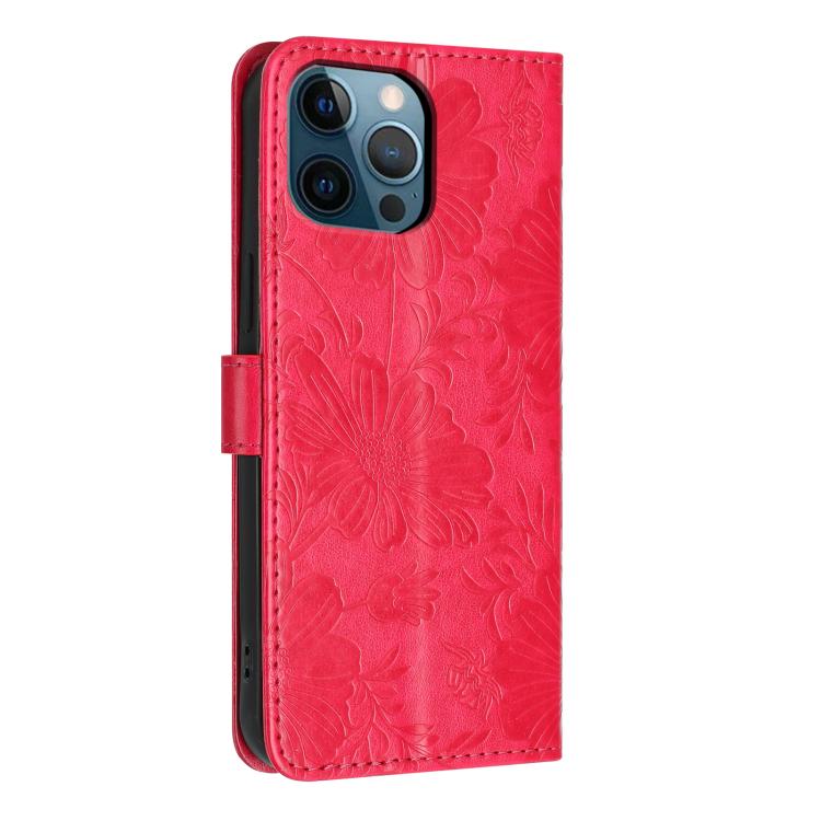 For iPhone 12 Pro Max Sunflower Embossed Vegan Leather Phone Case with Small Black Rope