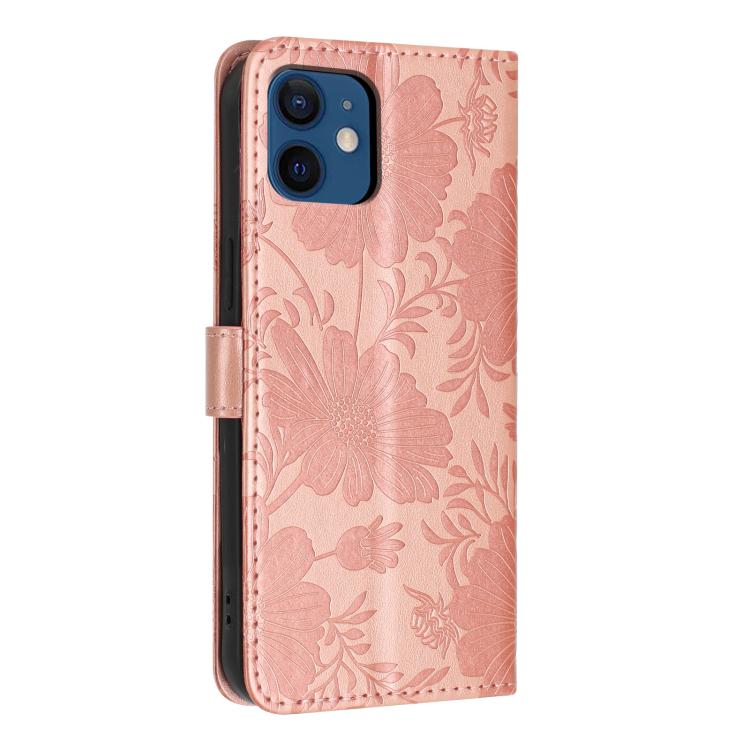 For iPhone 12 / 12 Pro Sunflower Embossed Vegan Leather Phone Case with Small Black Rope