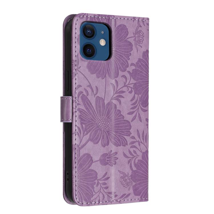 For iPhone 12 / 12 Pro Sunflower Embossed Vegan Leather Phone Case with Small Black Rope