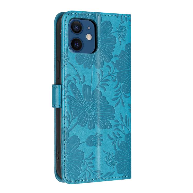 For iPhone 12 / 12 Pro Sunflower Embossed Vegan Leather Phone Case with Small Black Rope