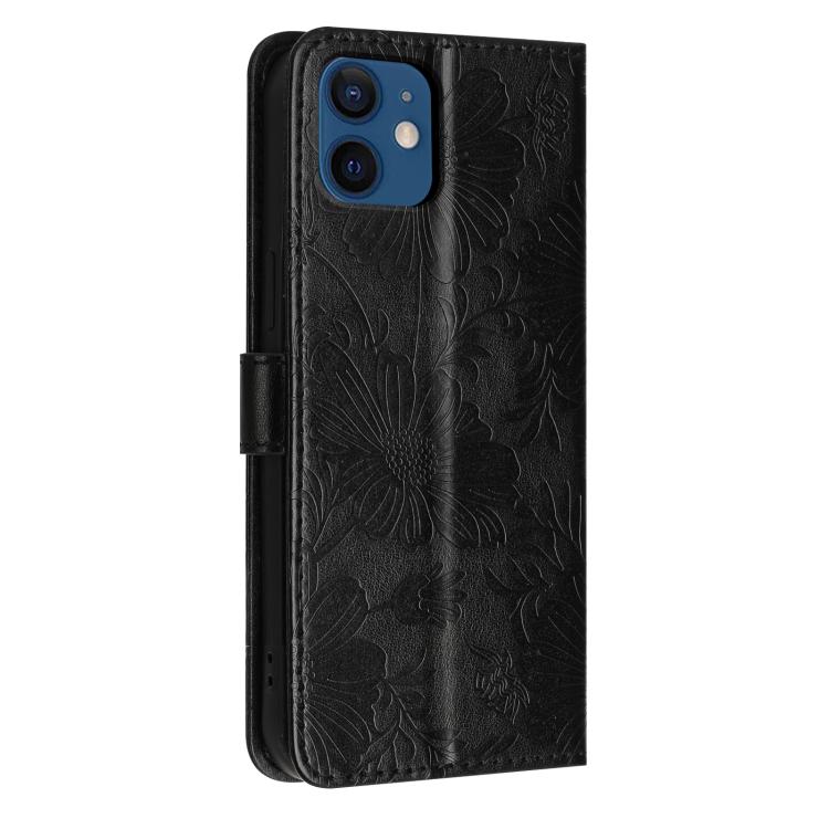 For iPhone 12 / 12 Pro Sunflower Embossed Vegan Leather Phone Case with Small Black Rope