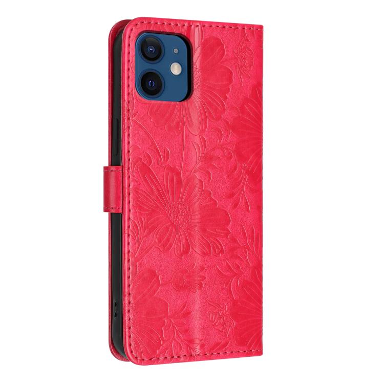 For iPhone 12 / 12 Pro Sunflower Embossed Vegan Leather Phone Case with Small Black Rope