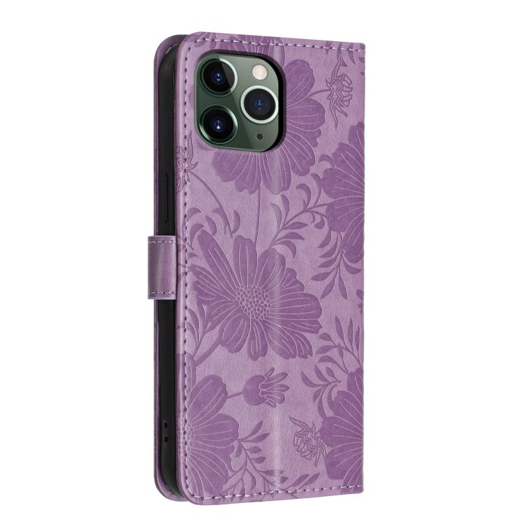 For iPhone 11 Pro Max Sunflower Embossed Vegan Leather Phone Case with Small Black Rope