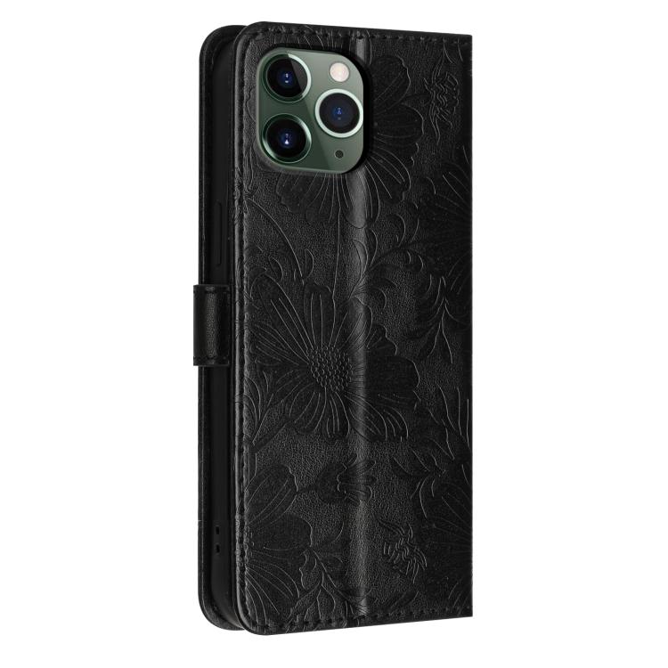 For iPhone 11 Pro Max Sunflower Embossed Vegan Leather Phone Case with Small Black Rope