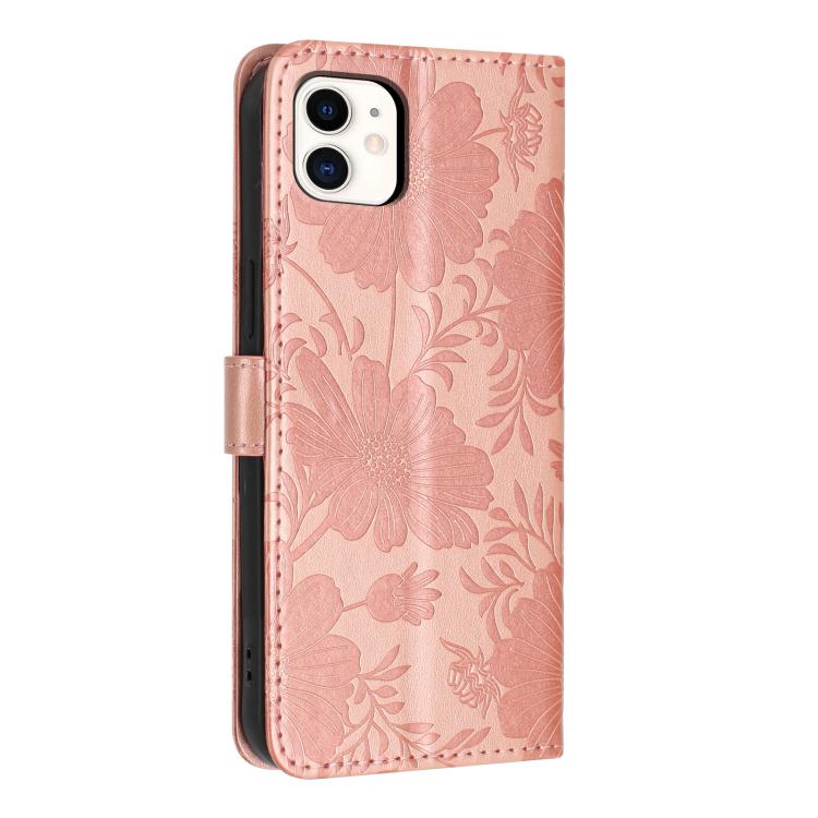 For iPhone 11 Sunflower Embossed Vegan Leather Phone Case with Small Black Rope