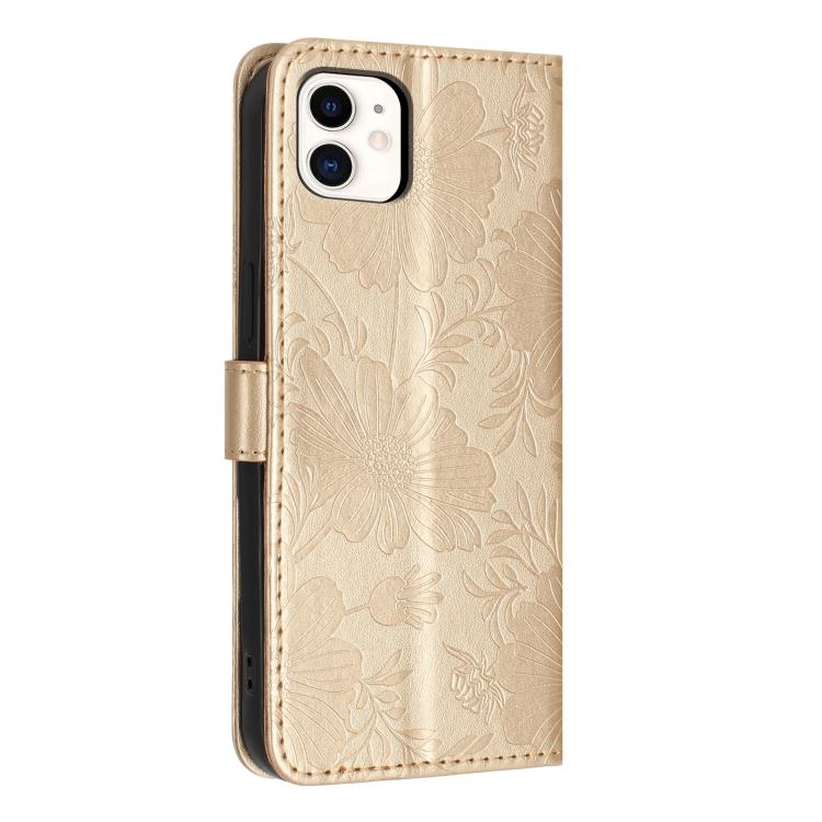 For iPhone 11 Sunflower Embossed Vegan Leather Phone Case with Small Black Rope