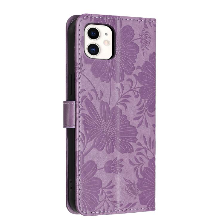 For iPhone 11 Sunflower Embossed Vegan Leather Phone Case with Small Black Rope
