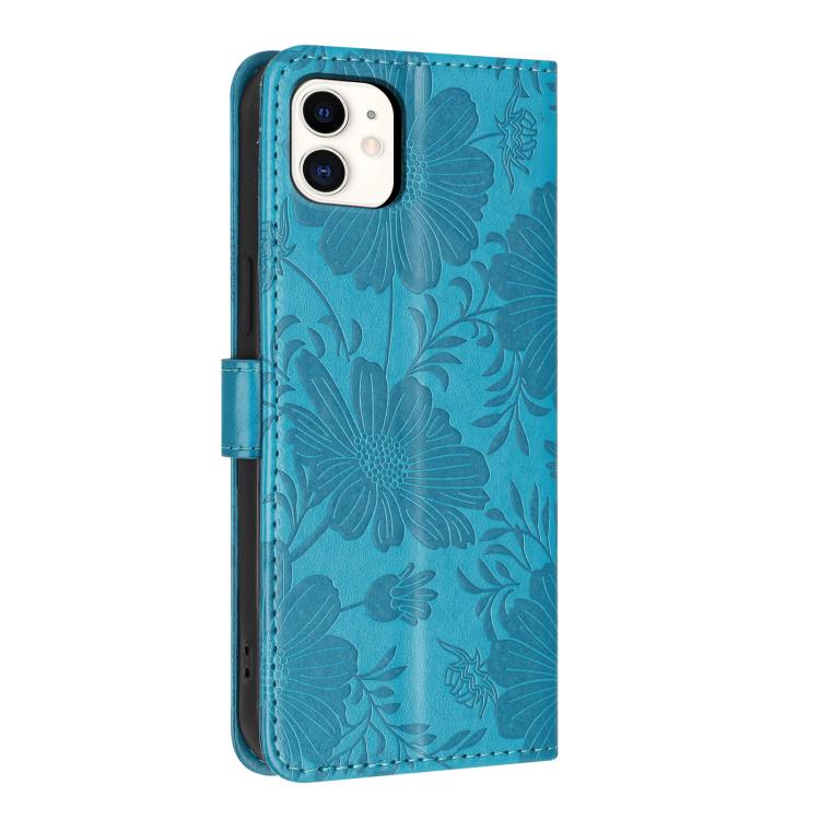 For iPhone 11 Sunflower Embossed Vegan Leather Phone Case with Small Black Rope