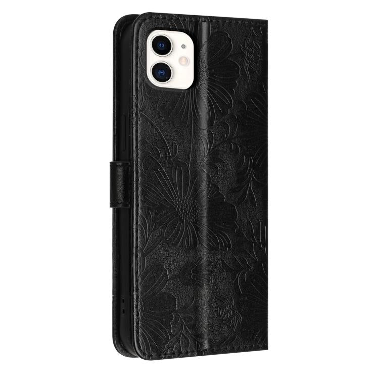 For iPhone 11 Sunflower Embossed Vegan Leather Phone Case with Small Black Rope