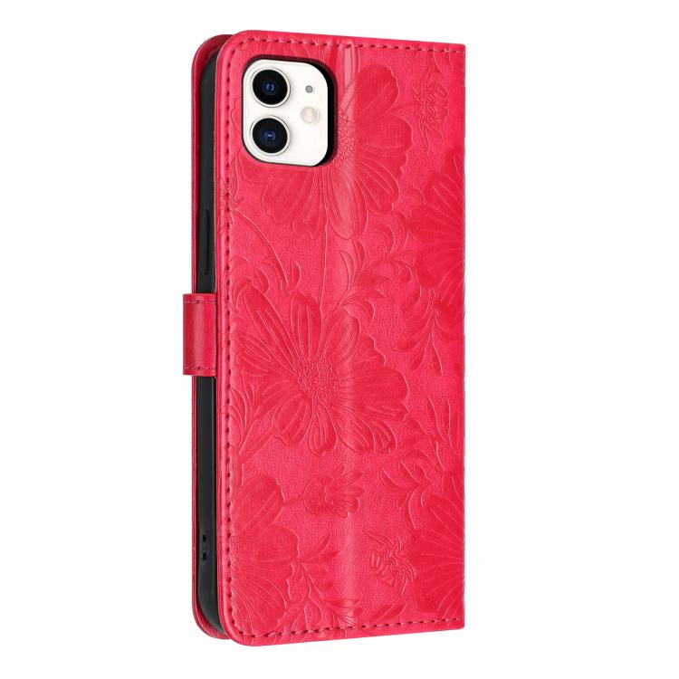For iPhone 11 Sunflower Embossed Vegan Leather Phone Case with Small Black Rope