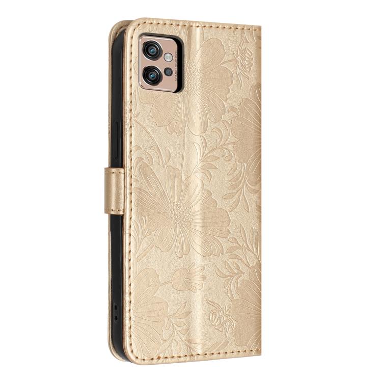 For Motorola Moto G32 Sunflower Embossed Vegan Leather Phone Case with Small Black Rope