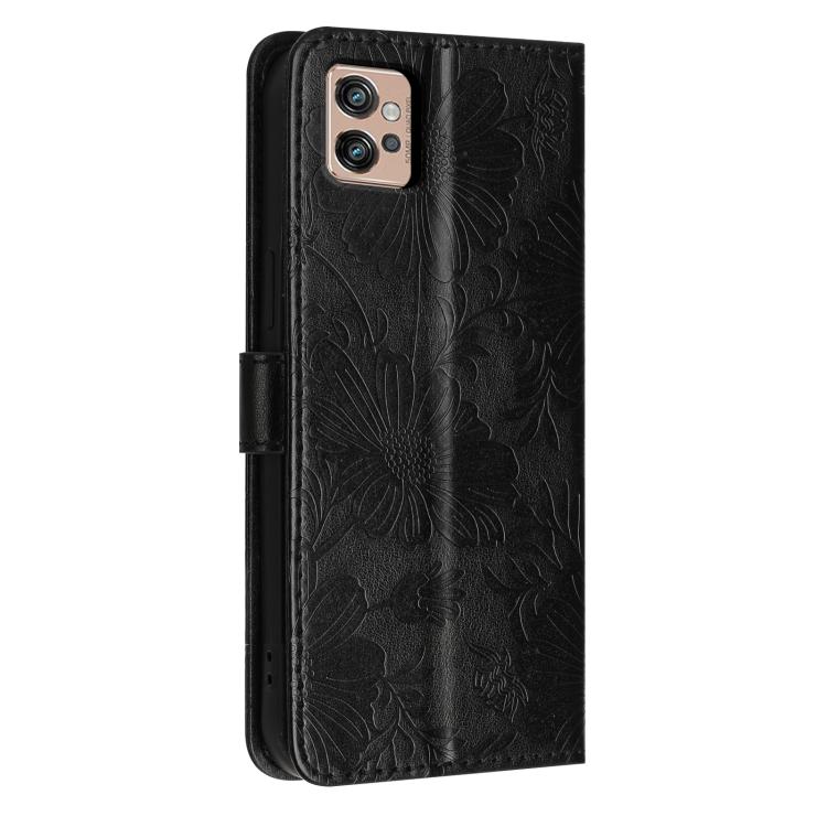 For Motorola Moto G32 Sunflower Embossed Vegan Leather Phone Case with Small Black Rope