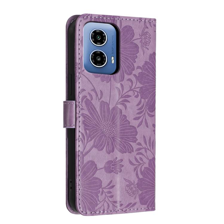 For Motorola Moto G34 Sunflower Embossed Vegan Leather Phone Case with Small Black Rope