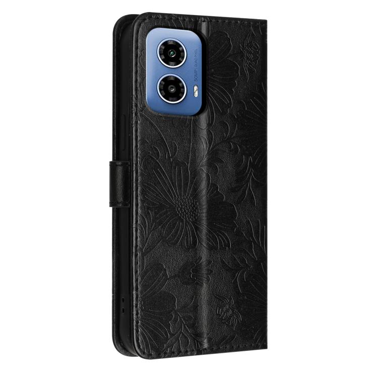 For Motorola Moto G34 Sunflower Embossed Vegan Leather Phone Case with Small Black Rope