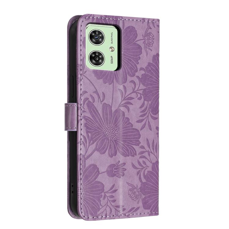 For Motorola Moto G54 Sunflower Embossed Vegan Leather Phone Case with Small Black Rope