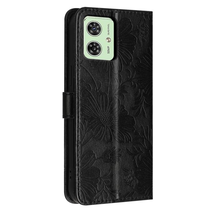 For Motorola Moto G54 Sunflower Embossed Vegan Leather Phone Case with Small Black Rope