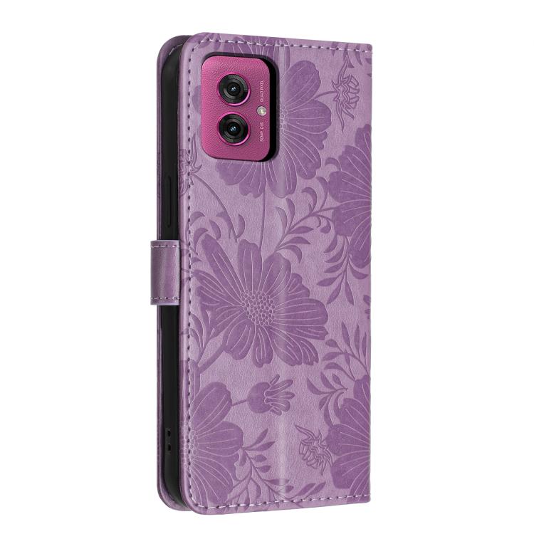 For Motorola Moto G55 Sunflower Embossed Vegan Leather Phone Case with Small Black Rope