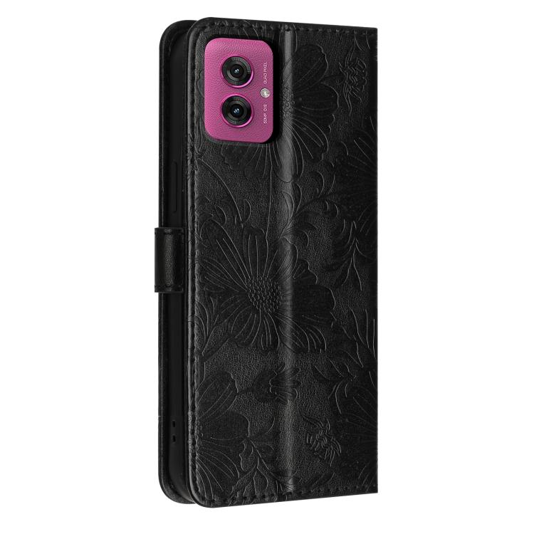 For Motorola Moto G55 Sunflower Embossed Vegan Leather Phone Case with Small Black Rope