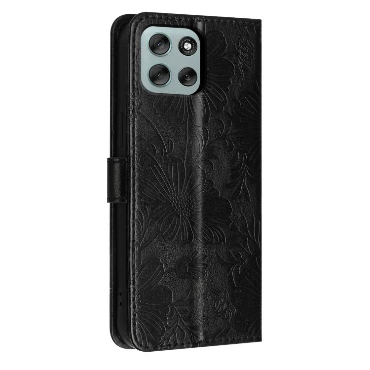 For Motorola Moto G56 5G Sunflower Embossed Vegan Leather Phone Case with Small Black Rope