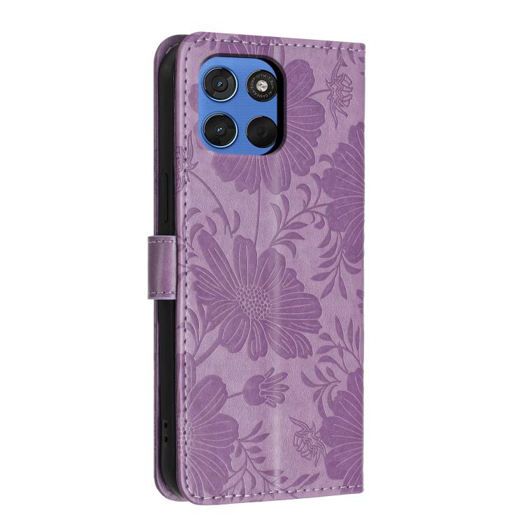 For Motorola Moto G57 5G Sunflower Embossed Vegan Leather Phone Case with Small Black Rope